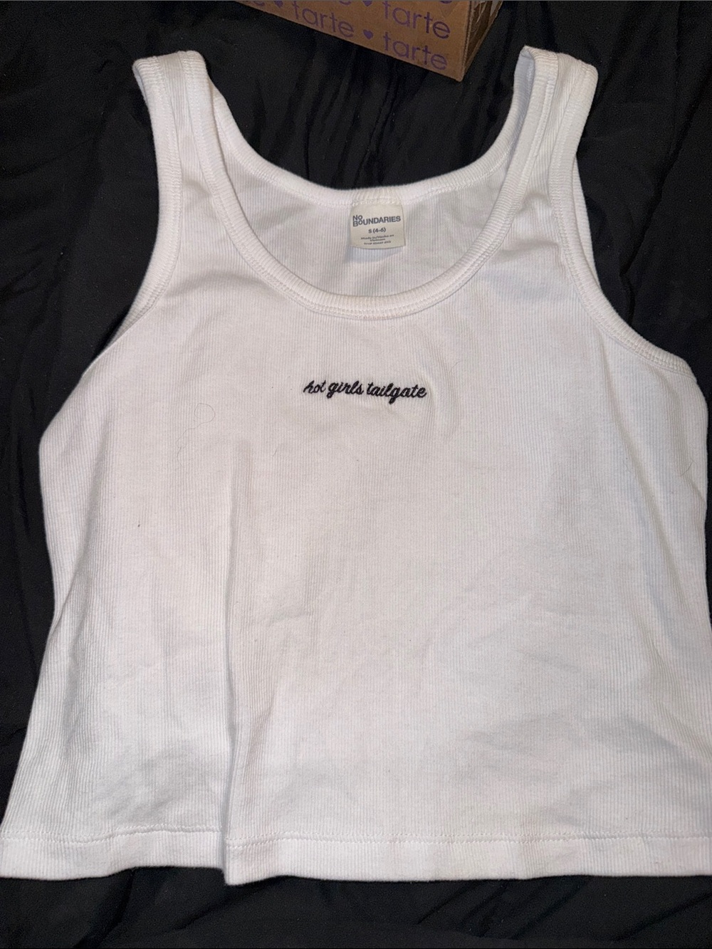 No Boundaries White Ribbed Tank with Script Embroidery